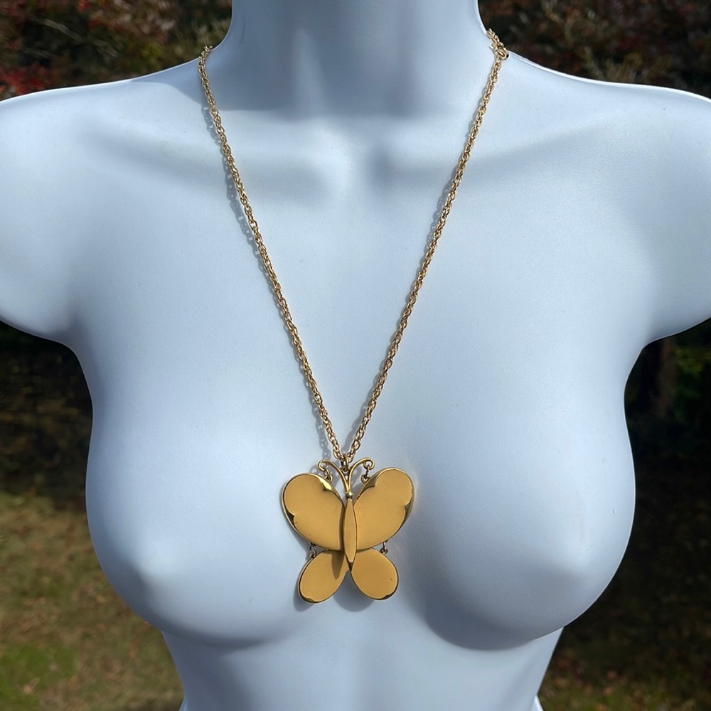 Rare Vintage Arthur Pepper Tan Enamel Butterfly Necklace - Signed